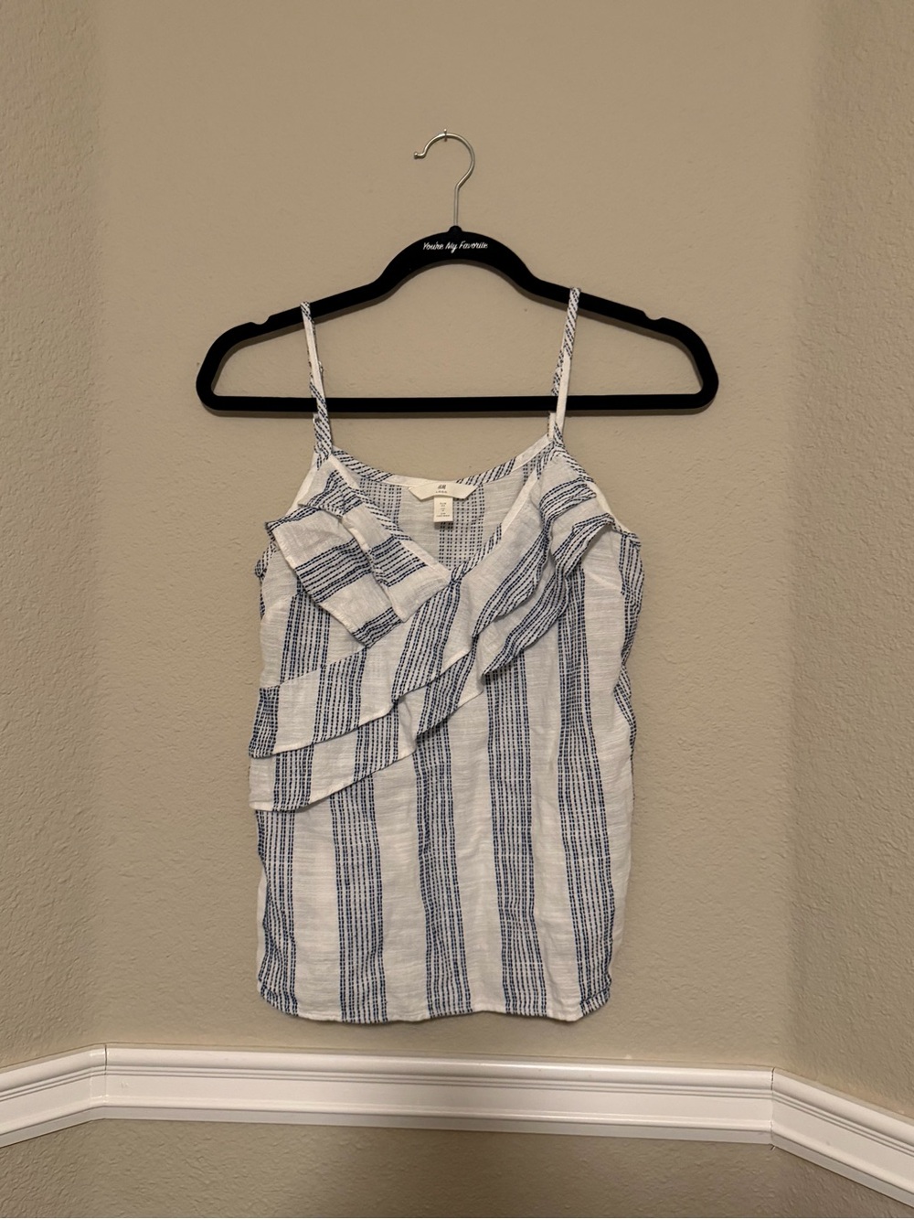 H&M White and Blue Striped Ruffle Cami